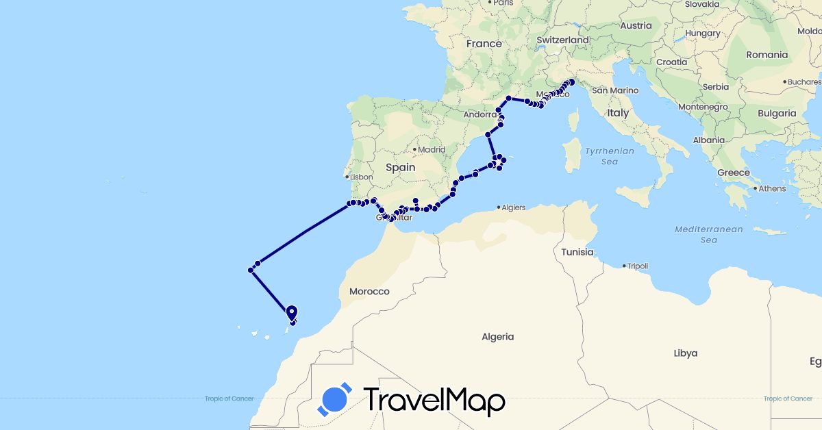 TravelMap itinerary: driving in Spain, France, Gibraltar, Italy, Monaco, Portugal (Europe)